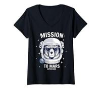 Femme Mission to Mars Cool Space Astronaut Bear Cartoon Graphic T-Shirt avec Col en V