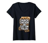 Femme Mississippi Heritage « Église, Poulet et Coton » T-Shirt avec Col en V