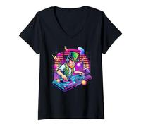 Femme Mixeur de Musique DJ de la Saint-Patrick Leprechaun Synthwave T-Shirt avec Col en V