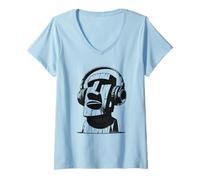 Femme Moai de l'île de Pâques avec écouteurs T-Shirt avec Col en V