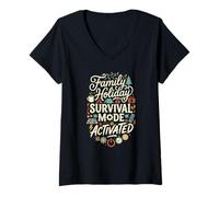 Femme Mode de Survie Amusant en Famille Vacances de Groupe Maman Papa T-Shirt avec Col en V
