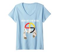 Femme Mohican Tribe Muh-he-Con-neok Roue de médecine Native T-Shirt avec Col en V, Bleu Céleste, L