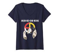 Femme Mohican Tribe Muh-he-Con-neok Roue de médecine Native T-Shirt avec Col en V, Bleu Marine, XXL