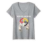 Femme Mohican Tribe Muh-he-Con-neok Roue de médecine Native T-Shirt avec Col en V, Gris Chiné, XXL