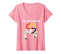 Femme Mohican Tribe Muh-he-Con-neok Roue de médecine Native T-Shirt avec Col en V, Rose, XL