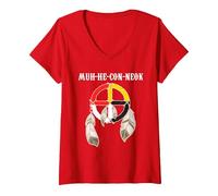 Femme Mohican Tribe Muh-he-Con-neok Roue de médecine Native T-Shirt avec Col en V, Rouge, S