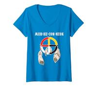 Femme Mohican Tribe Muh-he-Con-neok Roue de médecine Native T-Shirt avec Col en V, Saphir, S