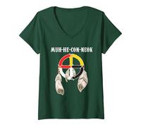 Femme Mohican Tribe Muh-he-Con-neok Roue de médecine Native T-Shirt avec Col en V, Vert Forêt, XL