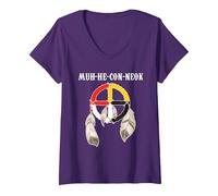 Femme Mohican Tribe Muh-he-Con-neok Roue de médecine Native T-Shirt avec Col en V, Violet, XL
