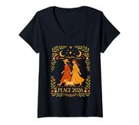 Femme Moines de la Paix Mondiale Marchant avec Un Chien fidèle, scène de méditation Om T-Shirt avec Col en V