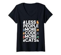 Femme Moins de Gens Plus de Code Plus de Chats Programmeur T-Shirt avec Col en V