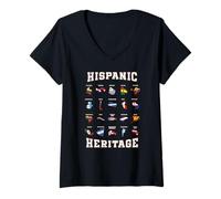 Femme Mois du Patrimoine hispanique Drapeau des Pays Latinos Carte T-Shirt avec Col en V