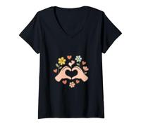 Femme Mom Life Cœur Mains Motif Floral T-Shirt avec Col en V