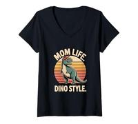 Femme Mom Life Dino Style T Rex Dinosaure Rétro Coucher de Soleil Maman T-Shirt avec Col en V