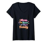 Femme Mom The Heart of The Family Best Mom Maman Mommy Mother's Day T-Shirt avec Col en V