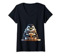 Femme Moment de café glacé Mignon Pingouin T-Shirt avec Col en V