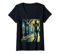 Femme Momie au musée, Style de Nuit étoilée de Van Gogh, Halloween T-Shirt avec Col en V