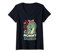 Femme Mommy Saurus Dinosaur Mom and Baby Mother's Day T-Shirt avec Col en V
