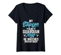 Femme Mon Beau-Fils est Mon Ange Gardien, il surveille Mon Beau-Fils arrière T-Shirt avec Col en V