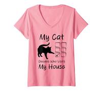 Femme Mon Chat décide Qui Visite ma Maison de façon Amusante T-Shirt avec Col en V