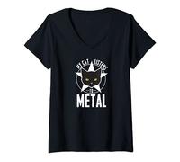 Femme Mon chat écoute du métal' Design Gothic Rock Cat T-Shirt avec Col en V