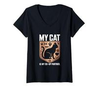 Femme Mon Chat est Mon Partenaire de Jeu coopératif T-Shirt avec Col en V