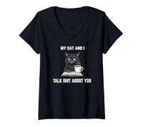 Femme Mon Chat et Moi parlons de toi Un Chat drôle et Plein de colère T-Shirt avec Col en V