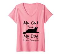 Femme Mon Chat Pense Que Mon Chien est Son employé Funny Cats Dogs T-Shirt avec Col en V