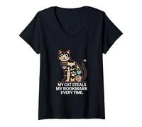 Femme Mon Chat Vole Mon Marque-Page à Chaque Lecture T-Shirt avec Col en V