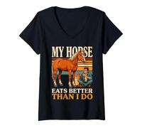 Femme Mon Cheval Mange Mieux Que Moi T-Shirt avec Col en V