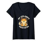 Femme Mon Chien islandais médite drôle et Mignon T-Shirt avec Col en V