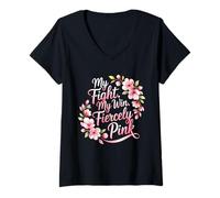 Femme Mon Combat Ma Victoire Rose Sensibilisation au Cancer T-Shirt avec Col en V