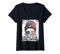 Femme Mon cœur Appartient au Capitaine des Pompiers T-Shirt avec Col en V
