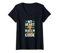 Femme Mon cœur Bat en Code Binaire T-Shirt avec Col en V