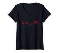 Femme Mon Cœur Bat pour Les Avions Ligne Aérienne T-Shirt avec Col en V