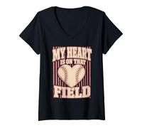 Femme Mon cœur est sur ce Terrain de Baseball, Maman T-Shirt avec Col en V