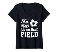 Femme Mon cœur est sur ce Terrain Joueur de Football Maman de Football T-Shirt avec Col en V