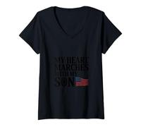 Femme Mon Cœur Marche Avec Mon Fils 4 Juillet T-Shirt avec Col en V