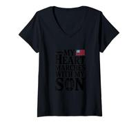Femme Mon Cœur Marche Avec Mon Fils 4 Juillet T-Shirt avec Col en V