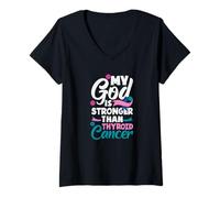 Femme Mon Dieu est Plus Fort Que la Sensibilisation au Cancer de la thyroïde T-Shirt avec Col en V