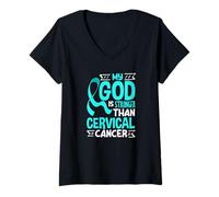 Femme Mon Dieu est Plus Fort Que Le Cancer du col de l'utérus T-Shirt avec Col en V