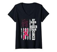 Femme Mon Dieu est Plus Grand Que Le Cancer, Sein, Joli Ruban Rose, Jésus T-Shirt avec Col en V
