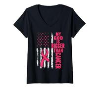 Femme Mon Dieu est Plus Grand Que Le Cancer, Sein, Joli Ruban Rose, Jésus T-Shirt avec Col en V