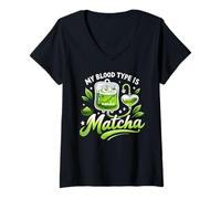 Femme Mon Groupe sanguin est Matcha IV Bag Green Latte Drink T-Shirt avec Col en V
