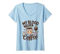 Femme Mon Groupe sanguin est Une Blague de café Humour Accro à la caféine T-Shirt avec Col en V