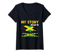Femme Mon Histoire a commencé en Jamaïque, Flag Pride Jamaicans Lovers T-Shirt avec Col en V