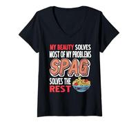 Femme Mon Humour Spaghetti Ma Beauté Blague de Pâtes T-Shirt avec Col en V