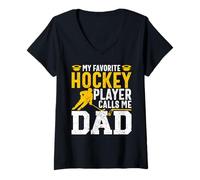 Femme Mon joueur de hockey préféré m'appelle papa Funny Ice Hockey Dad T-Shirt avec Col en V