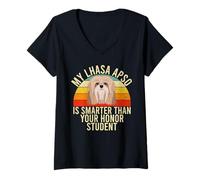 Femme Mon Lhasa Apso est plus intelligent que votre étudiant d'honneur Lhassa Apso T-Shirt avec Col en V