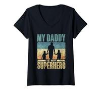 Femme Mon Papa Est Mon Super-Héros Les Enfants Père Enfant T-Shirt avec Col en V